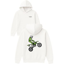 Vsrn Tek Teker Cross Tasarım Baskılı Oversize Beyaz Kapüşonlu Sweatshirt