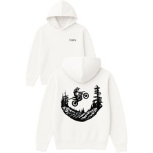 Vsrn Dağ Crossçusu Tasarım Baskılı Oversize Beyaz Kapüşonlu Sweatshirt