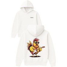 Vsrn Rockçı Horoz Tasarım Baskılı Oversize Beyaz Kapüşonlu Sweatshirt