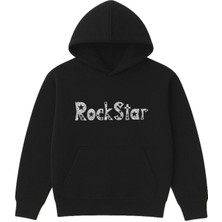Vsrn Rock Star Tasarım Baskılı Oversize Siyah Kapüşonlu Sweatshirt