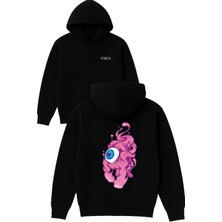Vsrn Uzaylı Göz Tasarım Baskılı Oversize Siyah Kapüşonlu Sweatshirt