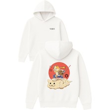Vsrn Bulutların Üstünde Tasarım Baskılı Oversize Beyaz Kapüşonlu Sweatshirt