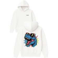Vsrn Partici Trex Tasarım Baskılı Oversize Beyaz Kapüşonlu Sweatshirt