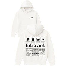Vsrn Introvert Tasarım Baskılı Oversize Beyaz Kapüşonlu Sweatshirt