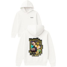 Vsrn Güzel Aile Tasarım Baskılı Oversize Beyaz Kapüşonlu Sweatshirt
