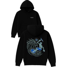 Vsrn Surfçü Iskelet Tasarım Baskılı Oversize Siyah Kapüşonlu Sweatshirt