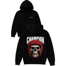 Vsrn Champıon Tasarım Baskılı Oversize Siyah Kapüşonlu Sweatshirt