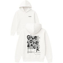 Vsrn Love Back Tasarım Baskılı Oversize Beyaz Kapüşonlu Sweatshirt
