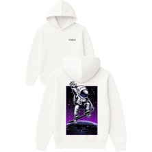 Vsrn El Sallayan Astronot Tasarım Baskılı Oversize Beyaz Kapüşonlu Sweatshirt