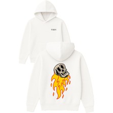 Vsrn Altın Dişli Iskelet Tasarım Baskılı Oversize Beyaz Kapüşonlu Sweatshirt