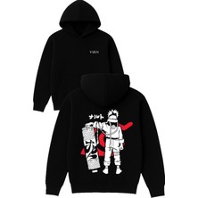 Vsrn Kum Torbası Anime Tasarım Baskılı Oversize Siyah Kapüşonlu Sweatshirt