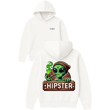 Vsrn Yeşil Uzaylı Hıps Tasarım Baskılı Oversize Beyaz Kapüşonlu Sweatshirt