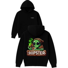 Vsrn Yeşil Uzaylı Hıps Tasarım Baskılı Oversize Siyah Kapüşonlu Sweatshirt