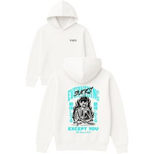 Vsrn Sucks Everythıng Tasarım Baskılı Oversize Beyaz Kapüşonlu Sweatshirt