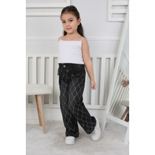 Canan Çakmak Premium Kalite Siyah Geniş Paça Baklava Desenli Jean Denim Kız Çocuk Pantolon