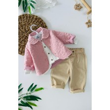 Miniğimin Cicileri Kapitone Ceketli Gömlek ve Pantolon 3 Lü Kız Takımı - Pudra