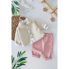 Miniğimin Cicileri Kapitone Ceketli Gömlek ve Pantolon 3 Lü Kız Takımı - Krem