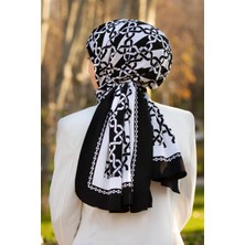 Vissona Lüks Medine Ipeği Geometrik Desenli Siyah - Beyaz Renkli 75X195 Kırışmaz Şal Moss Krep Dikiş Tipi It