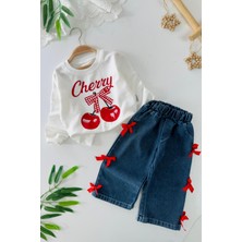 Miniğimin Cicileri Kiraz Baskılı Fiyonk Detaylı Kız Çocuk Mevsimlik Takım - Beyaz