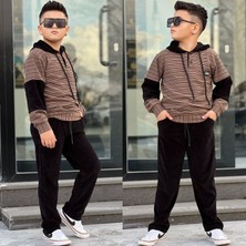 Burçak Butik Erkek Çocuk Kapüşonlü Sweatshirt - Kadife Pantolon Full Likra Kışlık Alt Üst 2'li Takım - Bayramlık