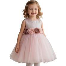 Chaton D'or Kız Çocuk Abiye Simli Çiçekli Kemerli Pudra Renk