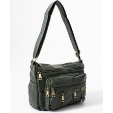 Duomino Haki Yeşil Yıkama Deri Çok Cepli Çapraz Çanta / Omuz Çantası / Postacı Çanta