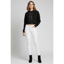 Kadın Siyah Kapüşon Içi Desenli Astar Etek Ucu Yırtmaçlı Crop