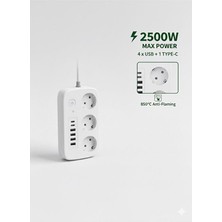 Meriç Lazer 2500W Çoklu Priz 2 Metre - 3 Lü Ac Priz +5 USB Çıkışı Akım Korumalı Alev Almayan Gövde,