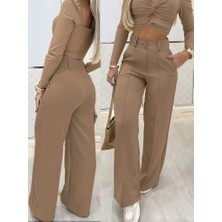 Arona Mdb Kadın Uzun Kollu Göğüs Dekolteli Ithal Krep Bluz ve Pantolon Ikili Takım