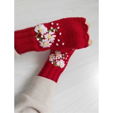 El Örgüsü Kırmızı Işlemeli Parmaksız Eldiven - 19 cm Boy, 20 cm En