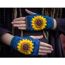 Parmaksız Papatya Detaylı Eldiven, El Örgüsü Eldiven , Tığ Işi Eldiven