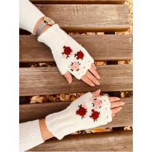 Parmaksız Çiçek Işlemeli Eldiven, El Örgüsü Eldiven , Tığ Işi Eldive