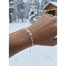 925 Ayar Papatya Silver Baget Taşlı Nazar Gözlü Yıldız Italyan Bileklik.rose.gold.rodaj