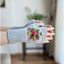 Parmaksız Çiçek Işlemeli Kadın Eldiven, El Örgüsü Eldiven , Tığ Işi Eldive