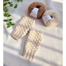 Krem Renk Parmaksız Kısa Eldiven, El Örgüsü Eldiven , Tığ Işi Eldiven