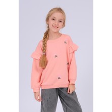 Perendi Kız Çocuk Yavruağzı Fırfır Detaylı Çiçek Işlemeli Oversize Sweatshirt Uzun Kol