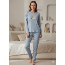 Enisa Interlok Kumaş Uzun Kollu Kadın Pijama Takımı Desenli Baskılı Işlemel