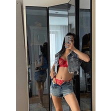 Merlif Lingerie Kırmızı Kalpli B Kap Brode Tül Iç Çamaşır Takımı (Bralette Sütyen&tanga), Seksii, Fantezii, Çeyiz, Yıl Dönümü Hediyee , Yılbaşı, Yeniyıl