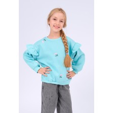 Perendi Kız Çocuk Fırfır Detaylı Çiçek Işlemeli Şardonlu Oversize Sweatshirt - Su Yeşili