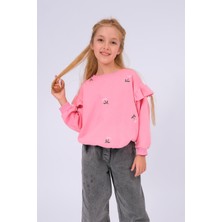 Perendi Kız Çocuk Fırfır Detaylı Çiçek Işlemeli Şardonlu Oversize Sweatshirt - Pembe