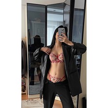 Merlif Lingerie Kırmızı Çıtır Desen Çiçekli Iç Çamaşır Takımı Kadın Bralette Balenli Sütyen & Tanga String