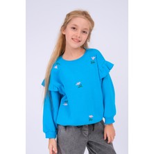 Perendi Kız Çocuk Oversize Sweatshirt Turkuaz Fırfır Detaylı ve Çiçek İşlemeli Tasarım