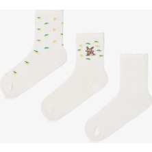 Penti 3 Çift Burun Dikişsiz Pamuklu Tavşan Desenli Fırfırlı Soket Çorap