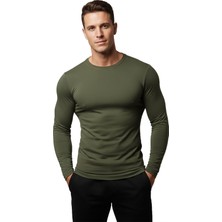 DeepSEA Haki Dar Kalıp Likralı %90 Pamuk Erkek Sweatshirt – Vücuda Oturan İnce Penye Sweat 2300423