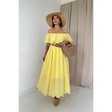 Faylora Sarı Omzu Lastikli Brode Elbise