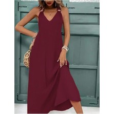 Faylora Kadın Askılı V Yakalı Halka Detaylı Maksi Boy Viskon Elbise