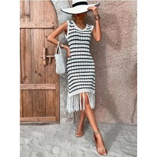 Faylora Kadın Kolsuz V Yaka Eteği Püsküllü Çizgi Desen Triko Elbise