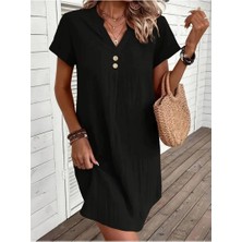 Faylora Kadın Kısa Kollu V Yakalı Düğmeli Müslim Kısa Elbise