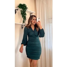 Faylora Kadın Uzun Kollu V Yakalı Yanlardan Büzgülü Kısa Sandy Elbise