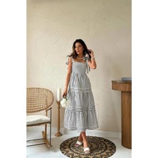 Faylora Siyah Omuzdan Bağlamalı Çizgili Elbise